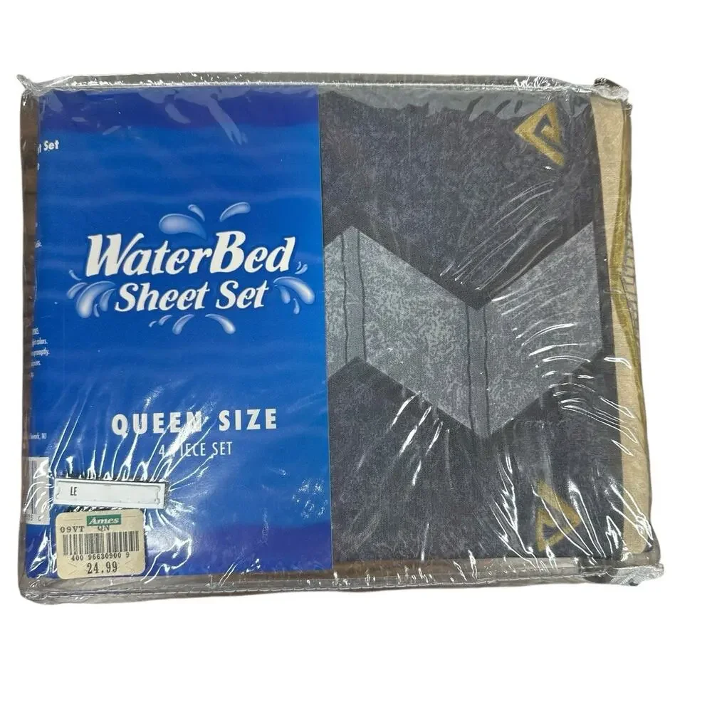 Vintage Waterbed Sheet Set Queen 80s 90s Geometric Print No Iron Poly Cotton NEW
